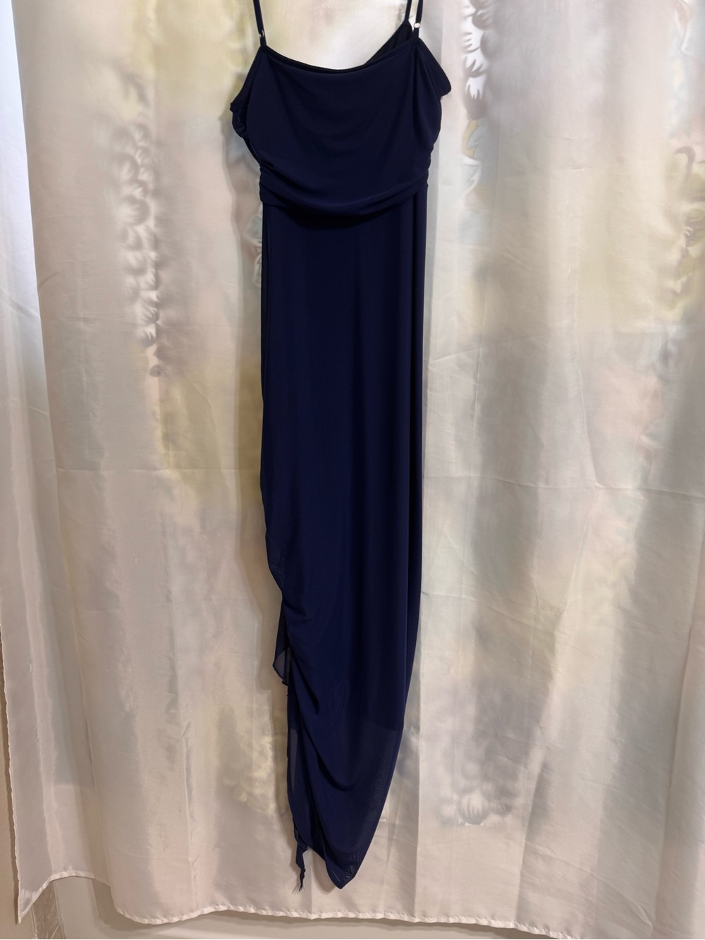 Navy Spaghetti-Strap Evening Dress - Elegant Draped Silhouette